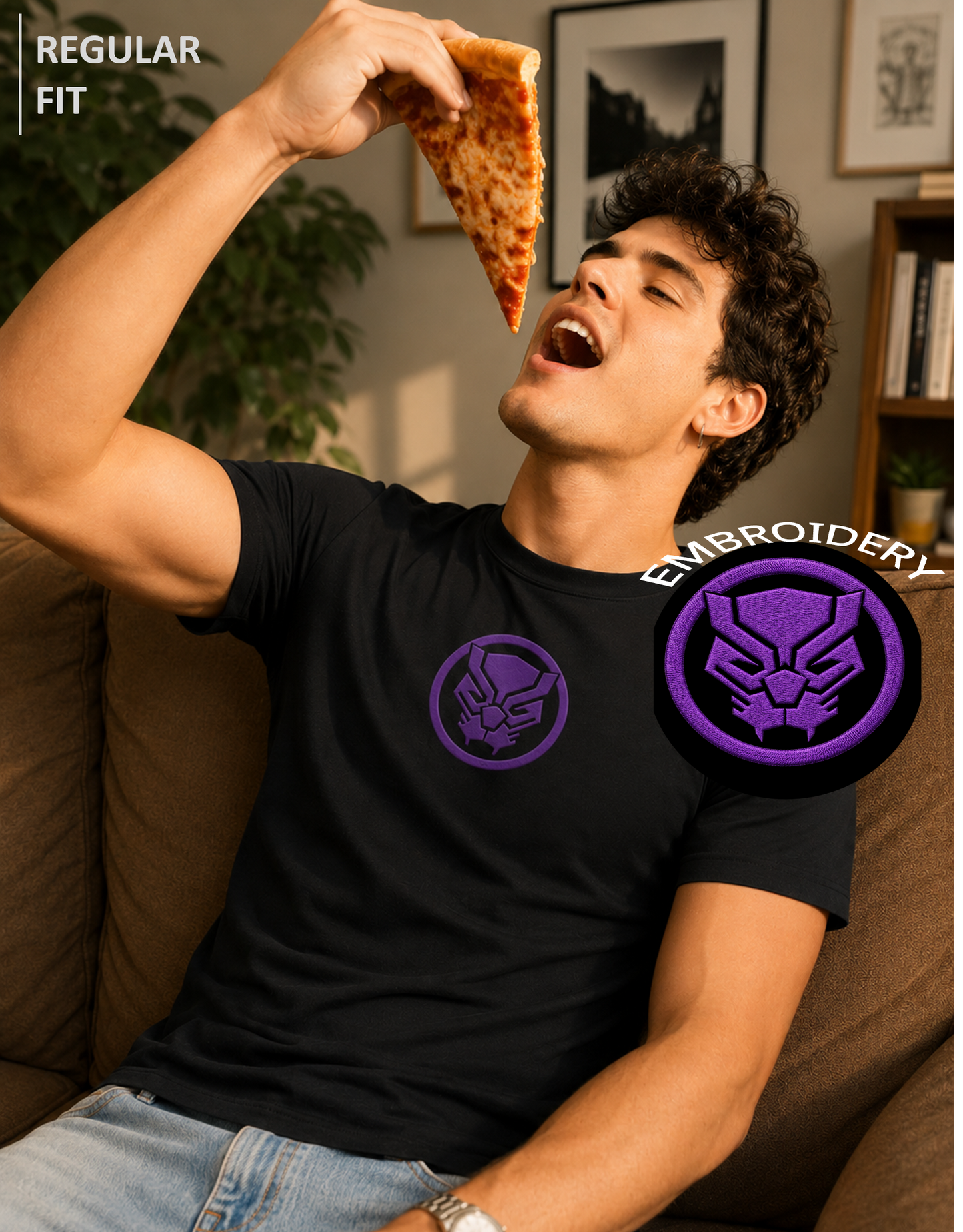 Black Panther Embroidery Classic Crew T-Shirt